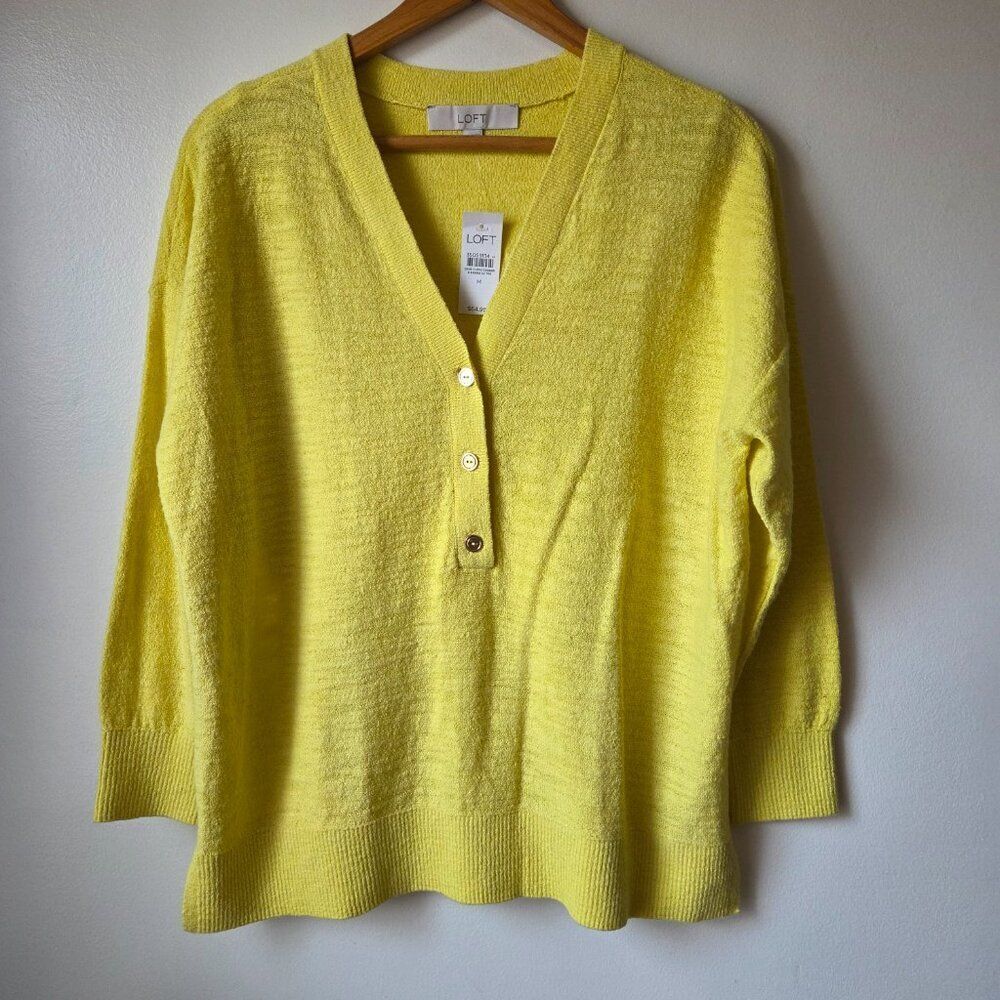 NWT LOFT V NECK YELLOW HALF BUTTONED COTTON BLEND SWEATER TOP SIZE M